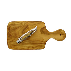 11" Olive Wood Cutting Board with a Laguiole Pocket Knife and Cork Screw