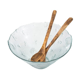 Recycled Clear Glass Coastal Salad Bowl and Olive Wood Servers
