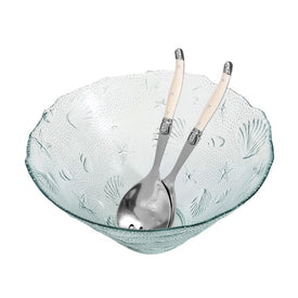 Recycled Clear Glass Coastal Salad Bowl and Laguiole Salad Servers with Faux Ivory Handles