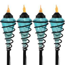 Adjustable Height Metal Swirl with Glass Outdoor Lawn Torches Set of 4 - Blue