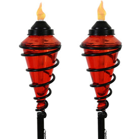 Adjustable Height Metal Swirl with Glass Outdoor Lawn Torches Set of 2 - Red