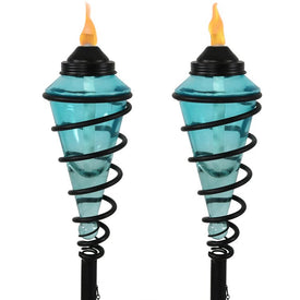 Adjustable Height Metal Swirl with Glass Outdoor Lawn Torches Set of 2 - Blue