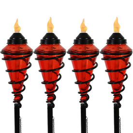 Adjustable Height Metal Swirl with Glass Outdoor Lawn Torches Set of 4 - Red