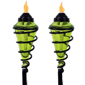 Adjustable Height Metal Swirl with Glass Outdoor Lawn Torches Set of 2 - Green