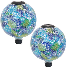 10" Azul Terra Crackled Glass Gazing Globes with Solar-Powered LED Light Set of 2