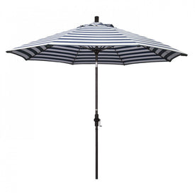 Sun Master Series 9' Patio Umbrella with Bronze Aluminum Pole Fiberglass Ribs Collar Tilt Crank Lift and Olefin Navy White Cabana Stripe Fabric