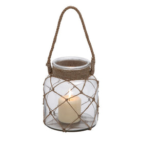 7" x 7" x 8" Glass Coastal Lantern Candle Holder with Rope Mesh and Handle