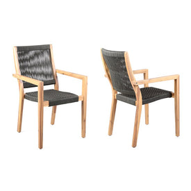 Madsen Outdoor Eucalyptus Wood and Charcoal Rope Dining Chairs Set of 2