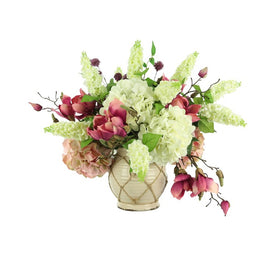 19" Artificial Mixed Floral Arrangement with White Hydrangea, Mauve Magnolias, Pink Hydrangea, Mauve Snowballs and Snap Dragon in Cream Vase with Rope Detail