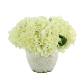 11" Artificial White Hydrangeas in Crackled Cream Ceramic Vase