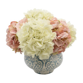 14" Artificial Pink and White Hydrangea Arrangement in Blue and White Ceramic Vase