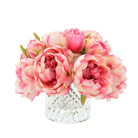 8.5" Artificial Fuchsia and Pink Peony Bunch in Glass Vase with Acrylic Water