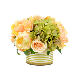 8.5" Artificial Peonies and Hydrangeas in Round Striped Glass Vase