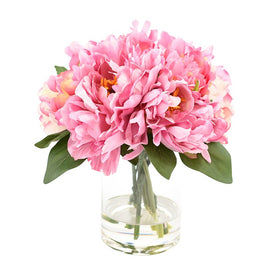 10" Artificial Pink Peony Bunch Arranged in Glass Vase with Acrylic Water