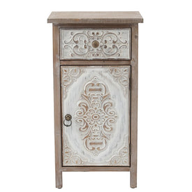 Floral Carved Wood Single-Door Accent Table