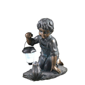 Boy with Solar Light and Frog Garden Statue