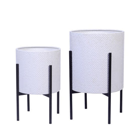 White Metal Planters with Black Stands Set of 2