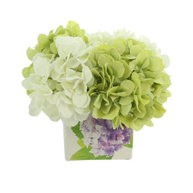 8.5" Artificial White and Green Hydrangeas in a Square Floral Ceramic Pot