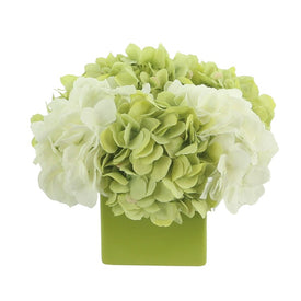 10" Artificial White and Green Hydrangeas in a Square Ceramic Pot