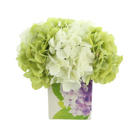 10" Artificial White and Green Hydrangeas in a Square Floral Ceramic Pot
