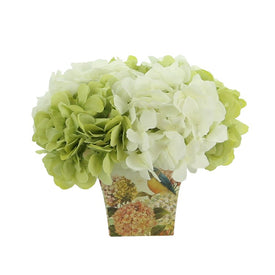 9.5" Artificial Green and White Hydrangeas in a Square Floral Ceramic Pot