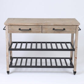 Two Drawer Wood Kitchen Cart with Metal Rack Open Storage