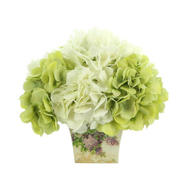 10.5" Artificial Green and White Hydrangeas in a Square Floral Ceramic Pot