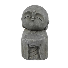 Little Buddha Monk and Bowl Gray Magnesium Oxide Garden Statue