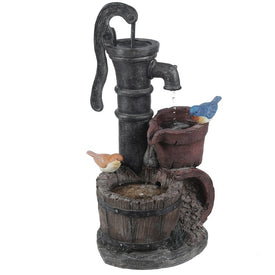 Whiskey Barrel and Water Pump Resin Outdoor Patio Water Fountain