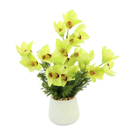 20" Artificial Yellow/Green Orchids and Fern in White Glass Vase