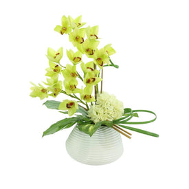 24" Artificial Orchids and Hydrangeas in White Glass Container