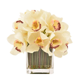 9.5" Artificial White Orchid Bouquet with Bamboo Sticks in Glass Vase