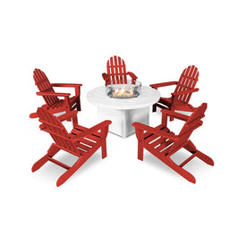 Classic Folding Adirondack Six-Piece Conversation Set with Fire Pit Table - Sunset Red/White