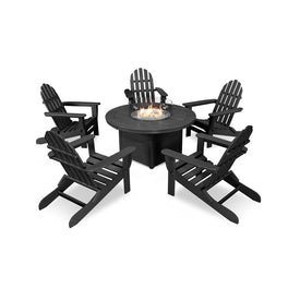 Classic Folding Adirondack Six-Piece Conversation Set with Fire Pit Table - Black
