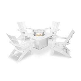 Modern Curveback Adirondack Five-Piece Conversation Set with Fire Pit Table - White