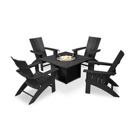 Modern Curveback Adirondack Five-Piece Conversation Set with Fire Pit Table - Black