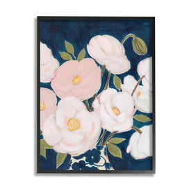 Luminous Pink Floral Bouquet Over Deep Blue 14" x 11" Black Framed Wall Art