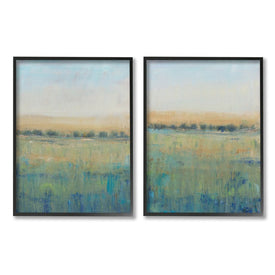Sunset Open Meadow Soft Green Floral Field 20" x 16" Black Framed Wall Art Two-Piece Set