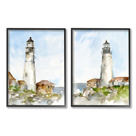 Coastal Cliffside Lighthouse Study Soft Nautical 20" x 16" Black Framed Wall Art Two-Piece Set
