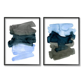 Energetic Blue Brush Strokes Abstract Ombre 14" x 11" Black Framed Wall Art Two-Piece Set