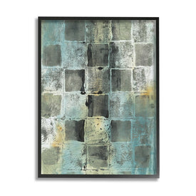 Checker Block Pattern Abstraction Over Blue Green 30" x 24" Black Framed Wall Art