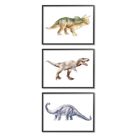 Prehistoric Dinosaurs Walking Fun Watercolor Reptiles 20" x 16" Black Framed Wall Art Three-Piece Set