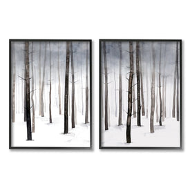 Winter Snow Tree Forest Haze Eerie Cold 14" x 11" Black Framed Wall Art Two-Piece Set