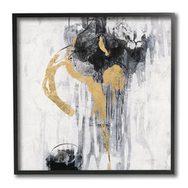 Abstract Gold Black Rain Modern Distressed Design 12" x 12" Black Framed Wall Art