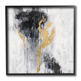 Modern Rain Abstraction Black Gold Distressed Detail 12" x 12" Black Framed Wall Art