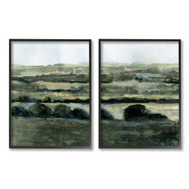 Deep Green Countryside Hills Abstract Landscape 14" x 11" Black Framed Wall Art Two-Piece Set