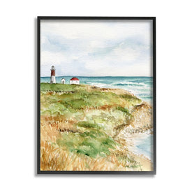 Point Judith Cliffside Lighthouse Coastal Landscape 20" x 16" Black Framed Wall Art