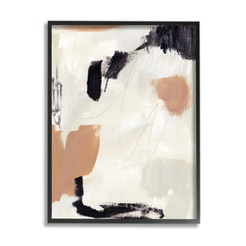 Expressive Abstract Composition Neutral Beige Black 14" x 11" Black Framed Wall Art