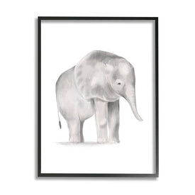 Standing Baby Elephant Soft Gray Illustration 30" x 24" Black Framed Wall Art