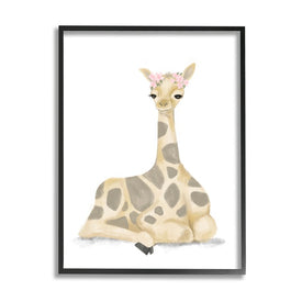 Floral Crown Baby Giraffe Soft Animal Illustration 20" x 16" Black Framed Wall Art